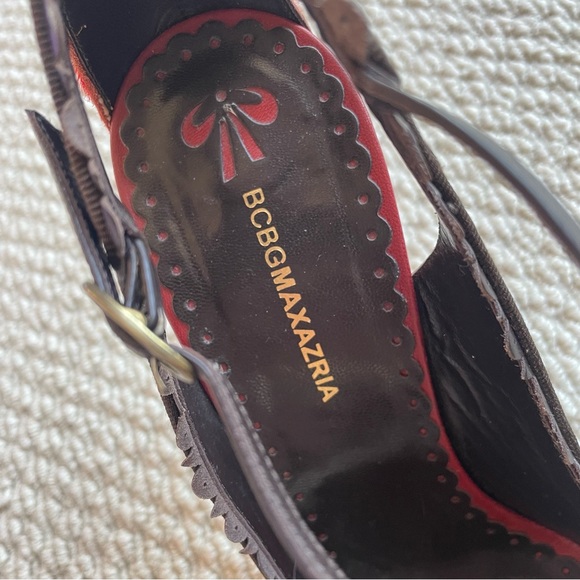 BCBGMaxAzria Brown Leather Heels with Burnt Orange Fur - Picture 9 of 13